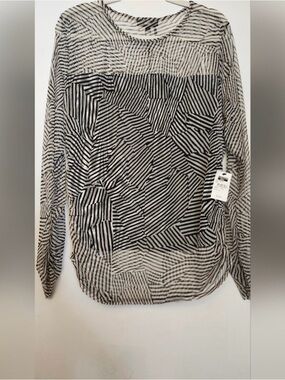 DKNY Black & White Geometric Stripe Sheer Blouse